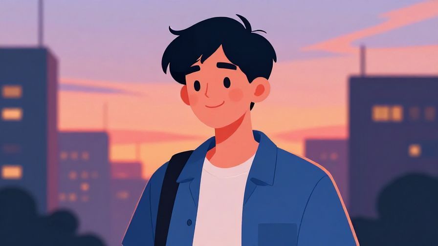 Illustration of a relaxed young person smiling after a close call, colorful urban sunset background