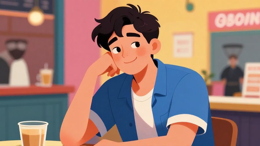 Illustration of a relaxed young person smiling slightly with a casual shrug, vibrant café background