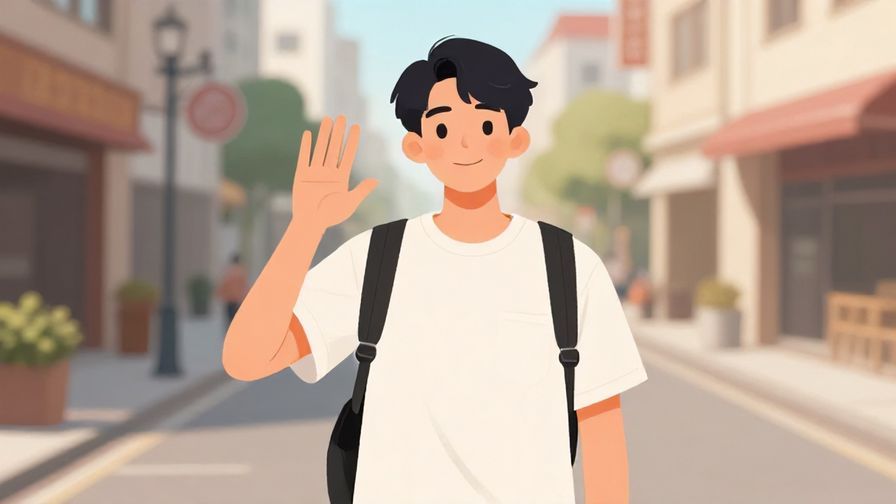 Illustration of a relaxed young person waving goodbye informally, street background