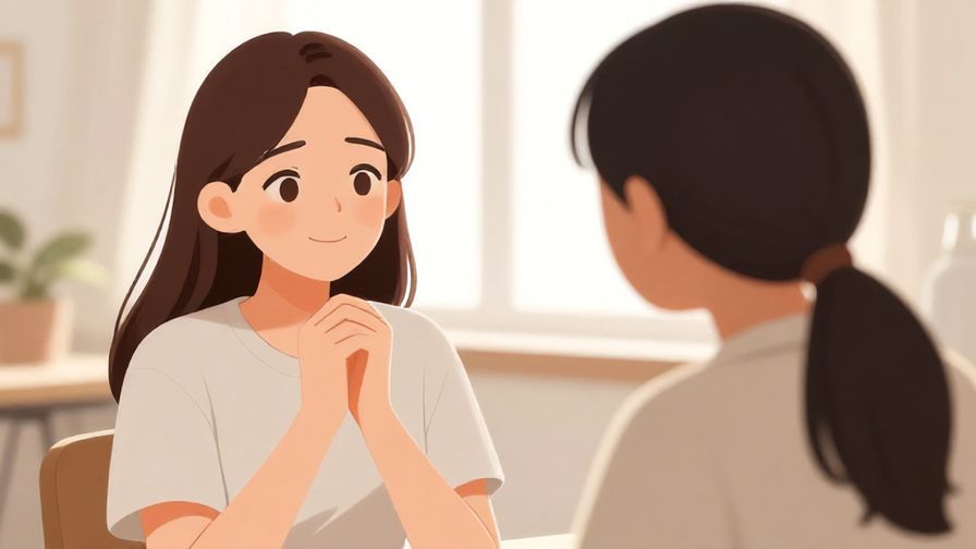 Illustration of a relieved person smiling gratefully towards a friend who just helped them, bright room background