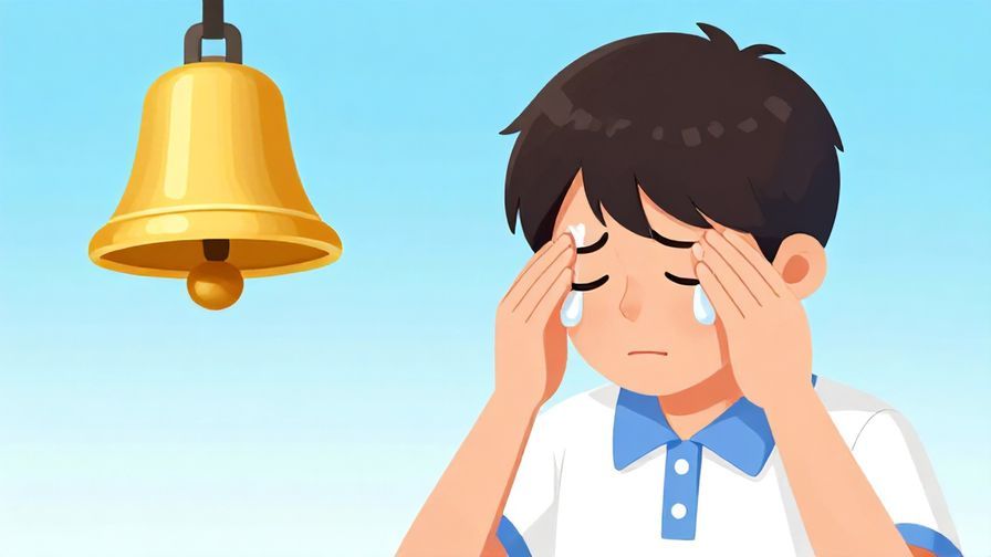 Illustration of a relieved person wiping sweat off their forehead with a bright, clear background of a ringing school bell
