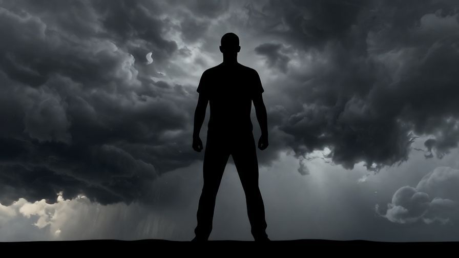 Illustration of a resolute figure standing before a stormy horizon, firm posture, dramatic clouds