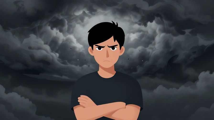 Illustration of a resolute person with crossed arms and stern eyes, stormy clouds swirling above, symbolic of unforgiving feelings