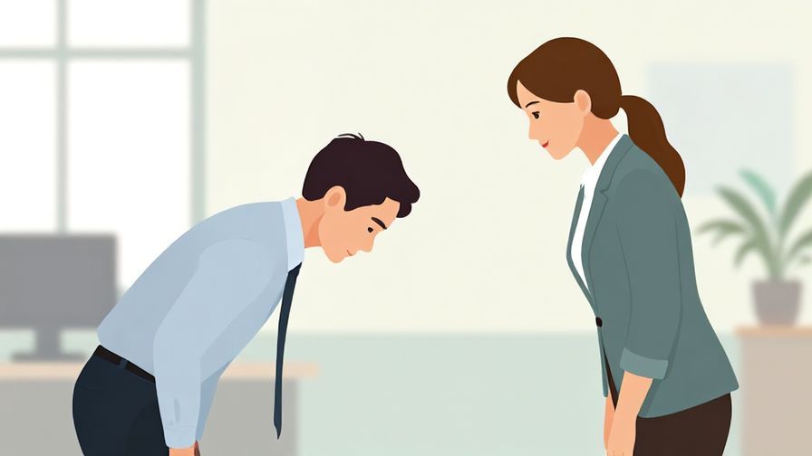 Illustration of a respectful bow between coworkers with a soft office background, calm colors