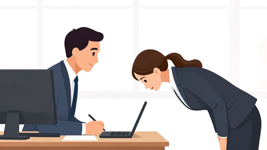 Illustration of a respectful bow exchanged between a senior and junior employee, corporate environment