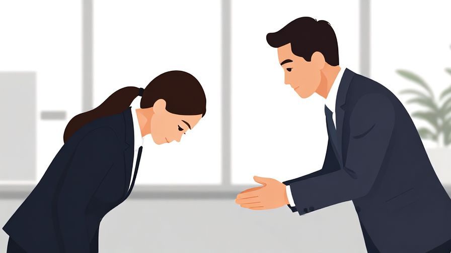 Illustration of a respectful business person bowing slightly while giving a warning, elegant office background