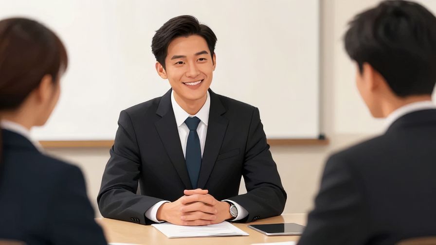 Illustration of a respectful businessman with a gentle smile, hands folded, in a formal meeting room