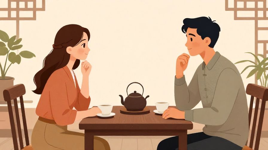 Illustration of a respectful conversation between two people in a traditional tea room, calm and elegant atmosphere