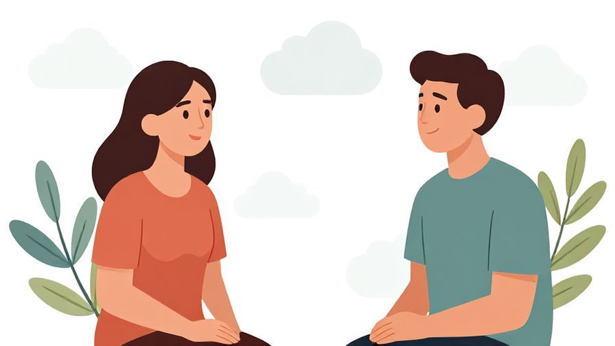 Illustration of a respectful conversation between two adults with soft clouds and olive branches in background