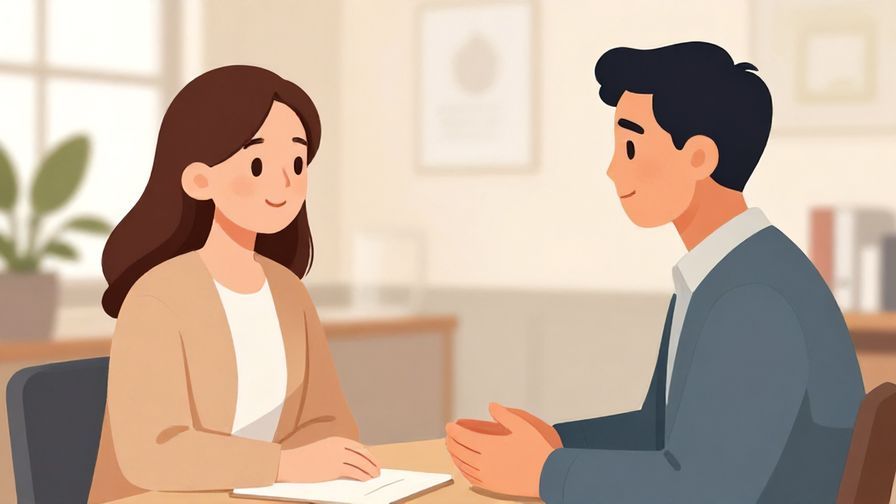 Illustration of a respectful conversation between a junior and senior person, respectful posture, soft office background