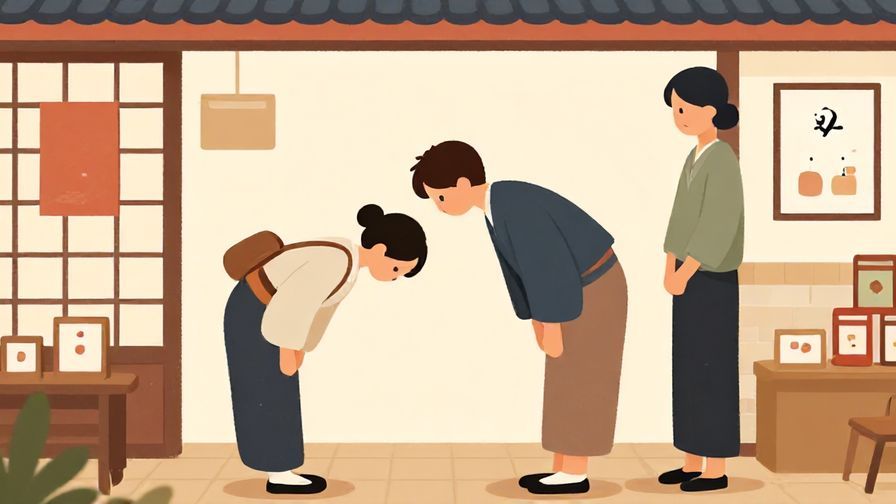 Illustration of a respectful customer bowing slightly while asking a shop employee in a traditional Japanese store