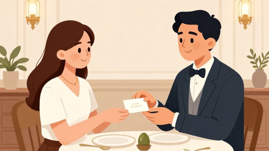 Illustration of a respectful customer with a slight bow presenting a card in an elegant indoor setting with detailed decor