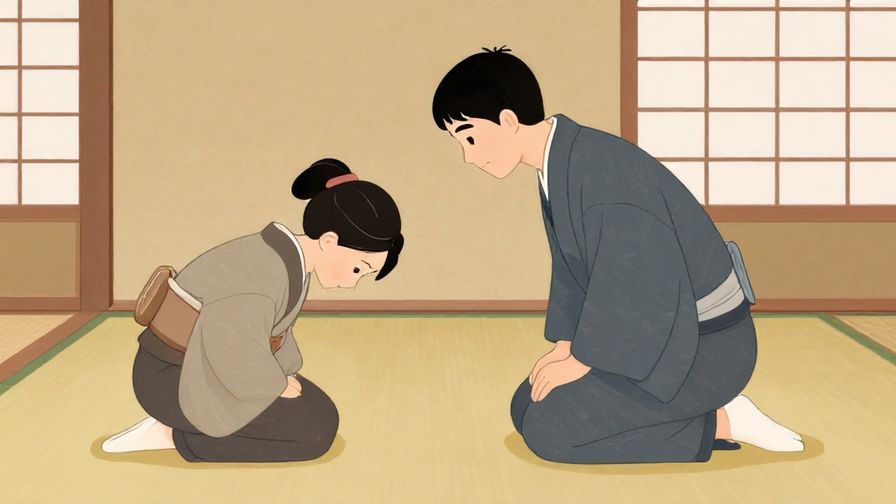 Illustration of a respectful interaction, one person bowing slightly while asking a question, traditional Japanese room, soft warm colors, illustrated style