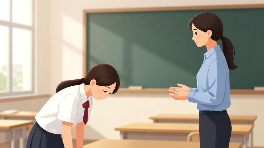 Illustration of a respectful learner bowing slightly while asking a teacher for help, bright classroom setting