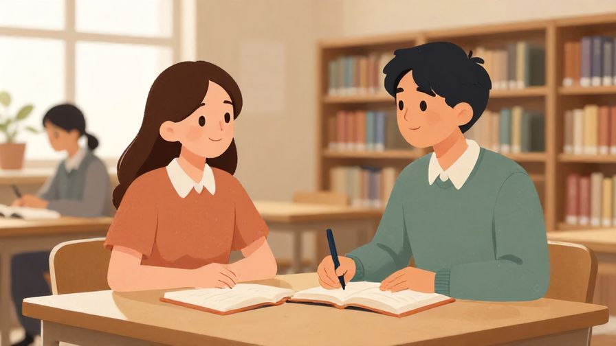 Illustration of a respectful learner making a polite request in a quiet library or study room, soft natural light