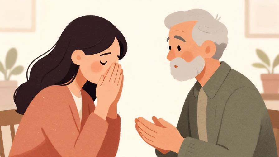Illustration of a respectful person asking an elderly person how they feel, warm and gentle atmosphere