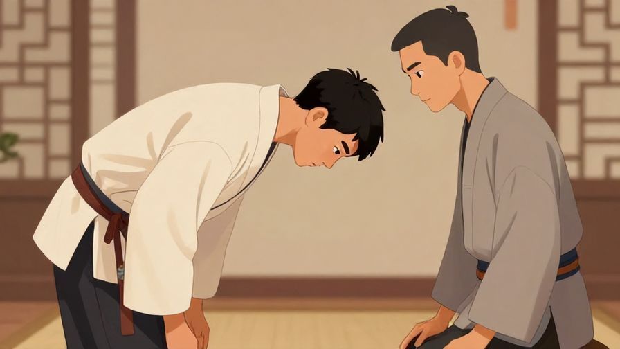 Illustration of a respectful person bowing in a traditional setting, expression calm but determined, soft lighting