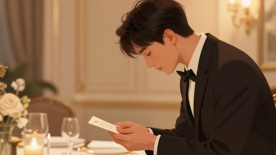 Illustration of a respectful person bowing slightly while handing a card in an elegant setting, warm ambient lighting, refined details