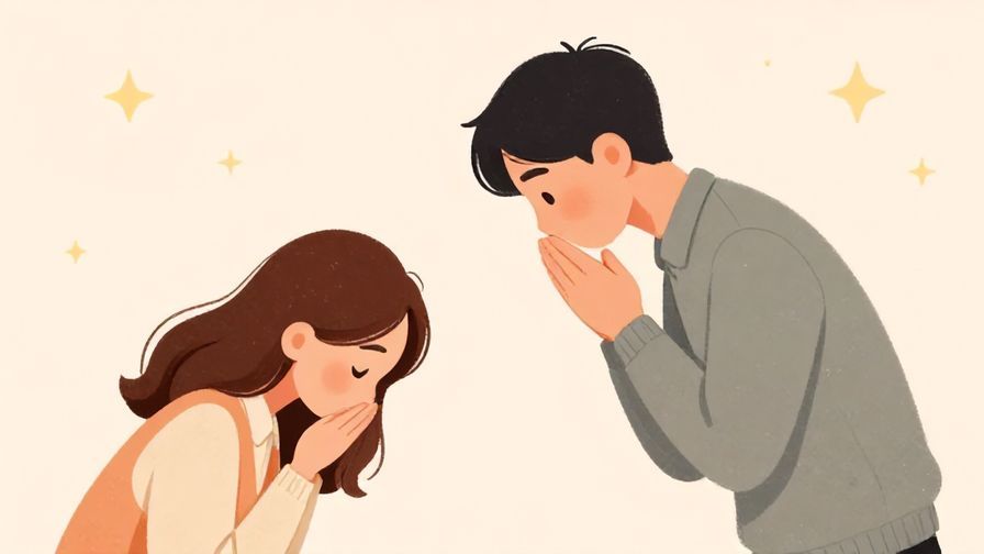 Illustration of a respectful person bowing slightly while speaking to another, soft pastel background with stars
