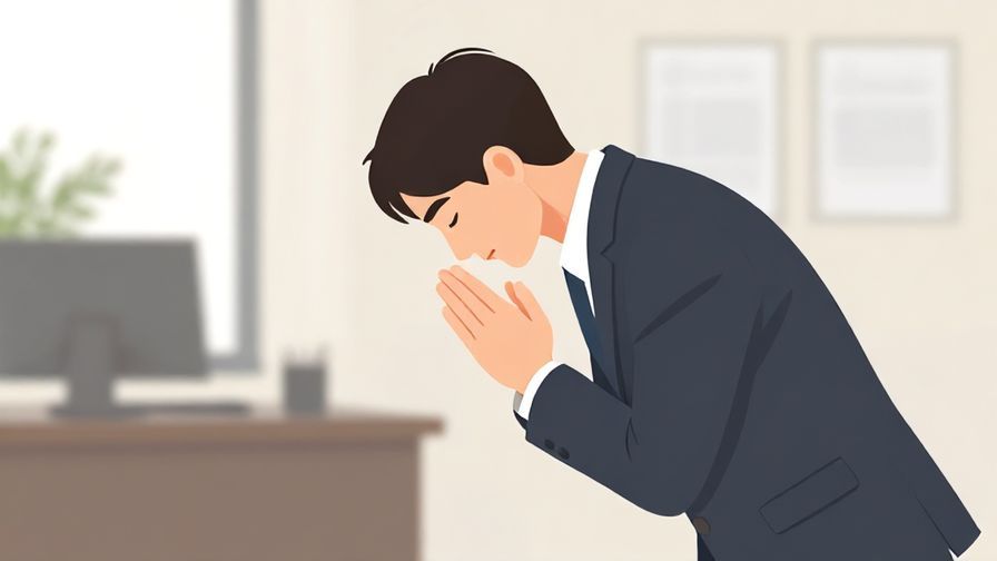 Illustration of a respectful person bowing slightly with hands together in a praying gesture, serene office background