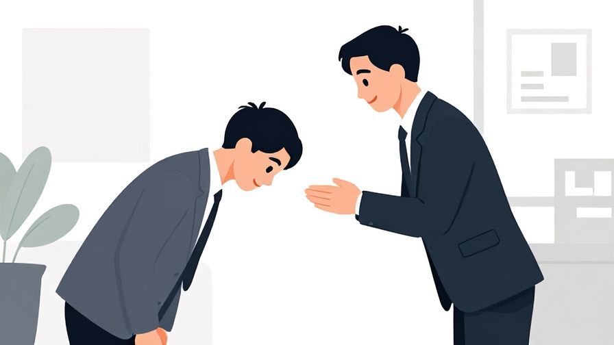 Illustration of a respectful person bowing slightly while smiling in a business setting