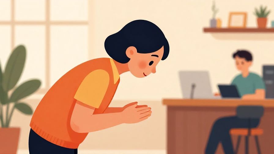 Illustration of a respectful person bowing slightly while speaking, soft office or cafe background, vibrant colors, illustrated style