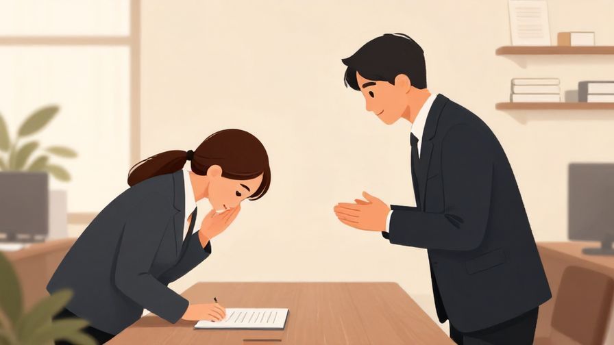 Illustration of a respectful person bowing slightly while speaking in a formal office environment, soft lighting, illustrated style