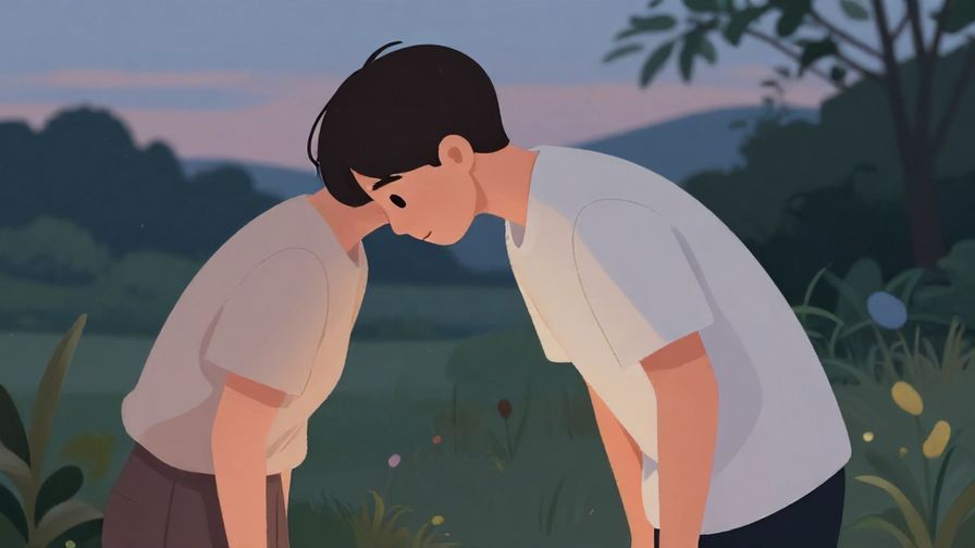 Illustration of a respectful person bowing slightly with a calm expression, dusk outdoor setting, soft colors, illustrated style