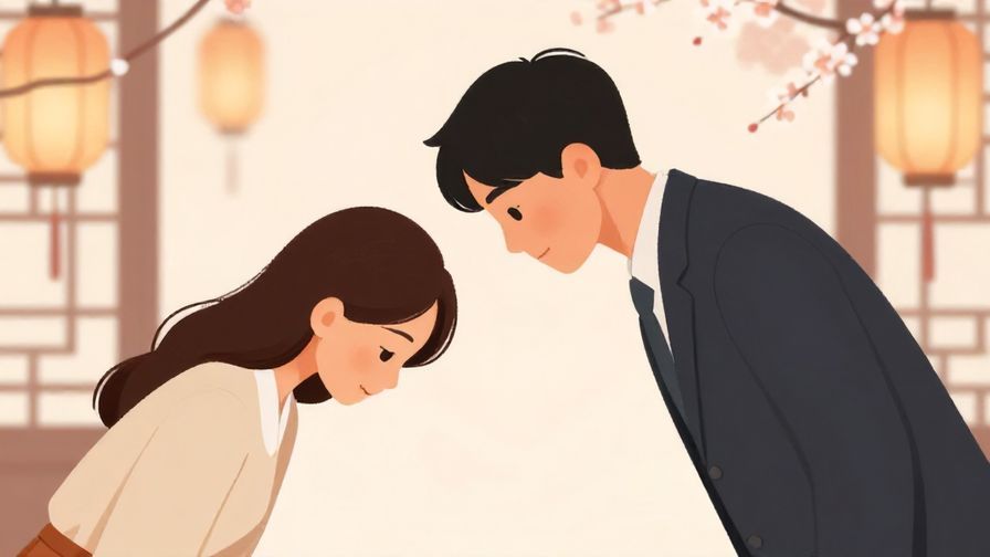 Illustration of a respectful person bowing slightly with a calm expression, soft formal background elements like lanterns and cherry blossoms