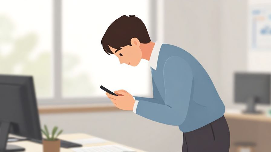 Illustration of a respectful person bowing while holding a phone, office environment with natural light, serene colors