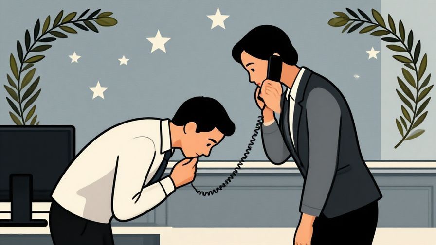 Illustration of a respectful person bowing while on the phone, elegant office background with stars and olive branches