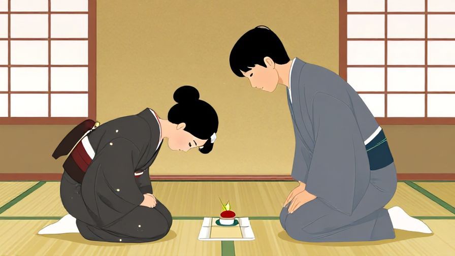 Illustration of a respectful person declining a request with a bow, traditional Japanese room background