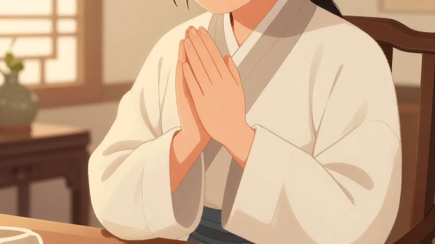 Illustration of a respectful person with hands together in apology, soft indoor lighting, traditional setting, illustrated style