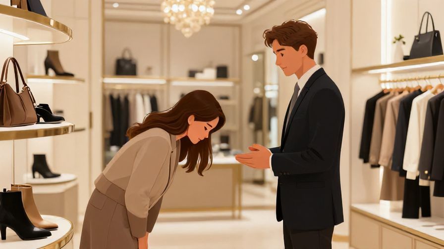 Illustration of a respectful shopper bowing slightly while asking about other sizes in a luxurious store with elegant decor