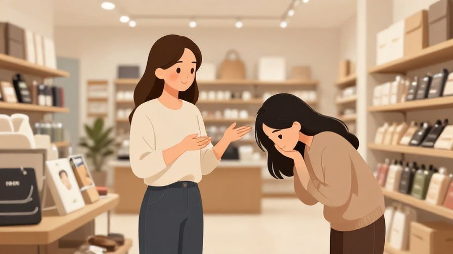 Illustration of a respectful shopper making a polite request with a slight bow, soft store lighting, neat and clean interior