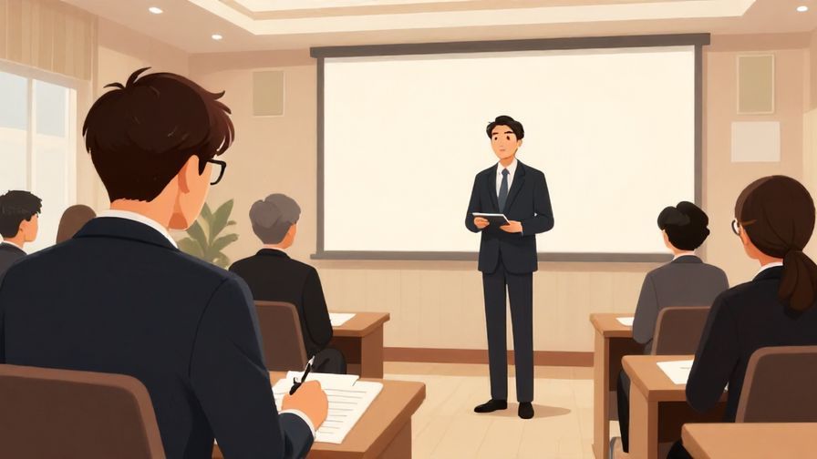 Illustration of a respectful speaker bowing slightly while announcing the end of a session, formal conference room, dignified atmosphere