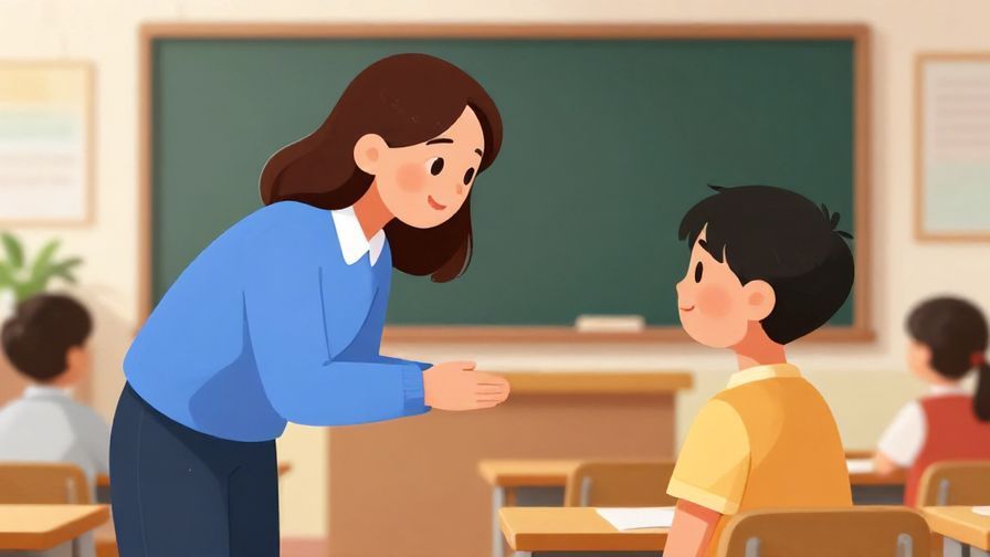 Illustration of a respectful teacher bowing slightly to a student, classroom background, soft lighting, vibrant colors