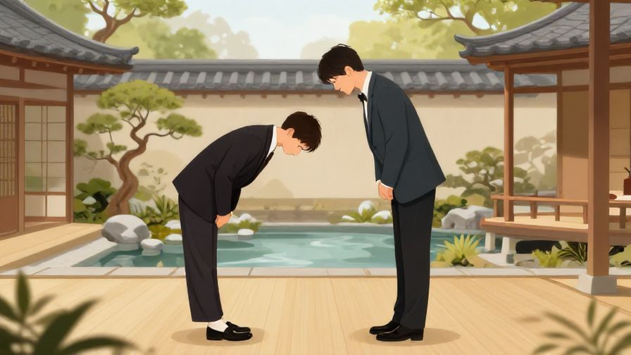 Illustration of a respectful young adult bowing slightly in formal attire, standing in a serene traditional Japanese garden