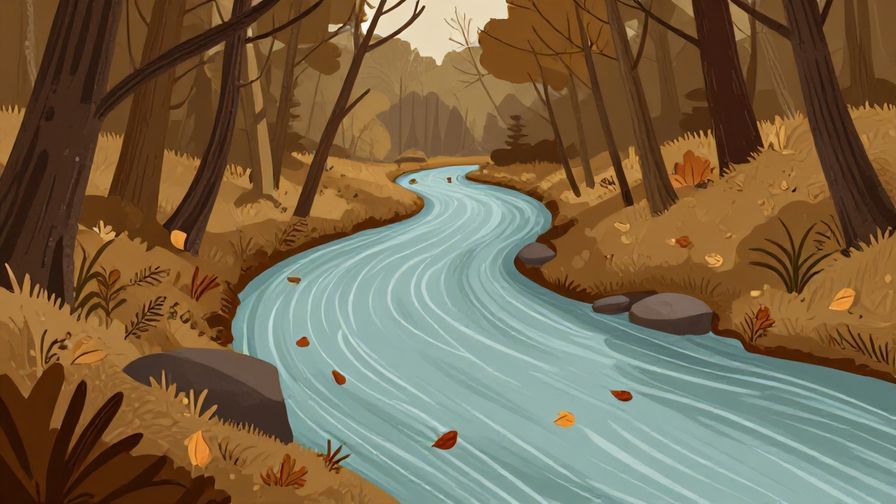 Illustration of a river carrying autumn leaves downstream through a peaceful forest, symbolizing surrender to time’s flow, muted earth tones, illustrated style