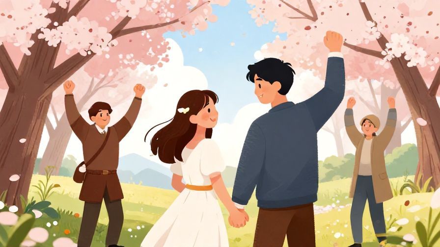 Illustration of a romantic couple and warriors celebrating victory together under cherry blossom trees, bright and joyful atmosphere