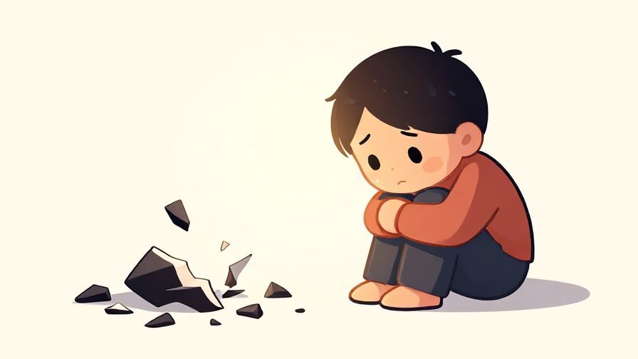 Illustration of a sad character looking at broken objects symbolizing trust, soft lighting