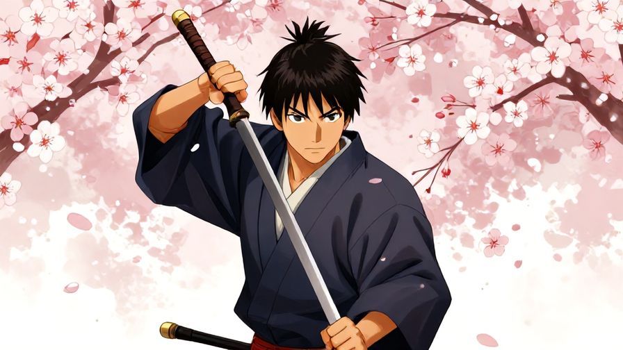 Illustration of a samurai poised for battle, eyes focused and ready, cherry blossoms falling around, symbolizing a decisive moment, vibrant colors, illustrated style
