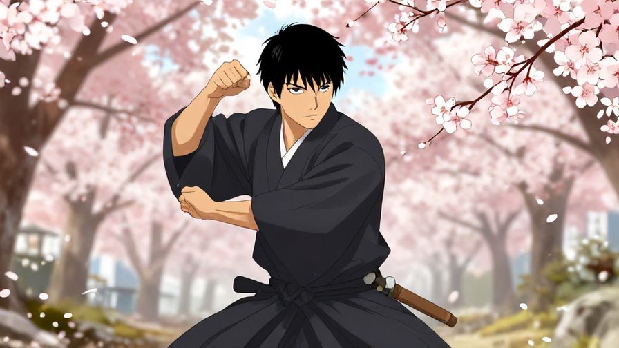 Illustration of a samurai stance with focused eyes, ready to fight, traditional Japanese background with cherry blossoms