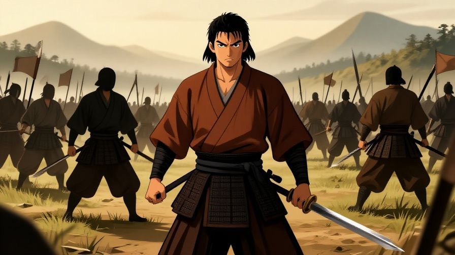 Illustration of a samurai standing firm on a battlefield at dawn, sword in hand, determined and resolute expression