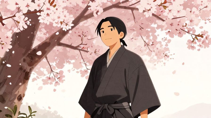 Illustration of a samurai with a satisfied expression standing under cherry blossoms, symbolizing poetic justice and delight, detailed background with soft petals falling