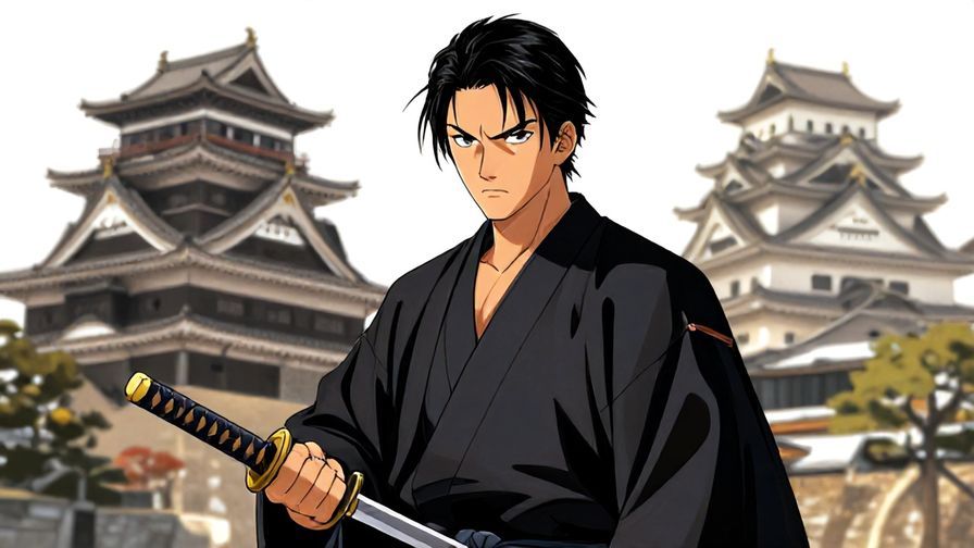 Illustration of a samurai with a stern gaze, holding a katana, traditional Japanese castle background