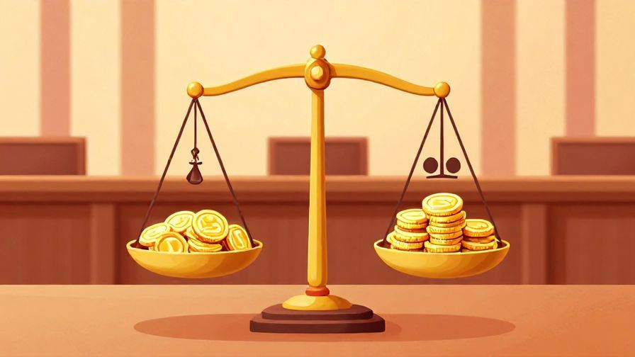 Illustration of a scale balanced with gold coins and justice symbols, formal courtroom background, vibrant colors, illustrated style