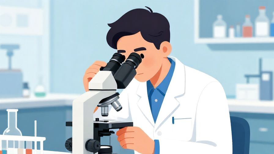 Illustration of a scientist looking through a microscope with bright lab background, focused expression