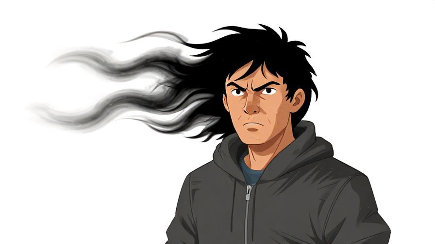 Illustration of a scrappy, determined person standing firm against a strong wind, fierce expression