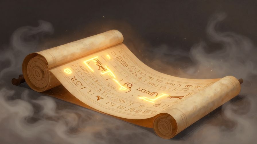 Illustration of a scroll unrolling with glowing ancient symbols, surrounded by mist, symbolizing fate being written in advance